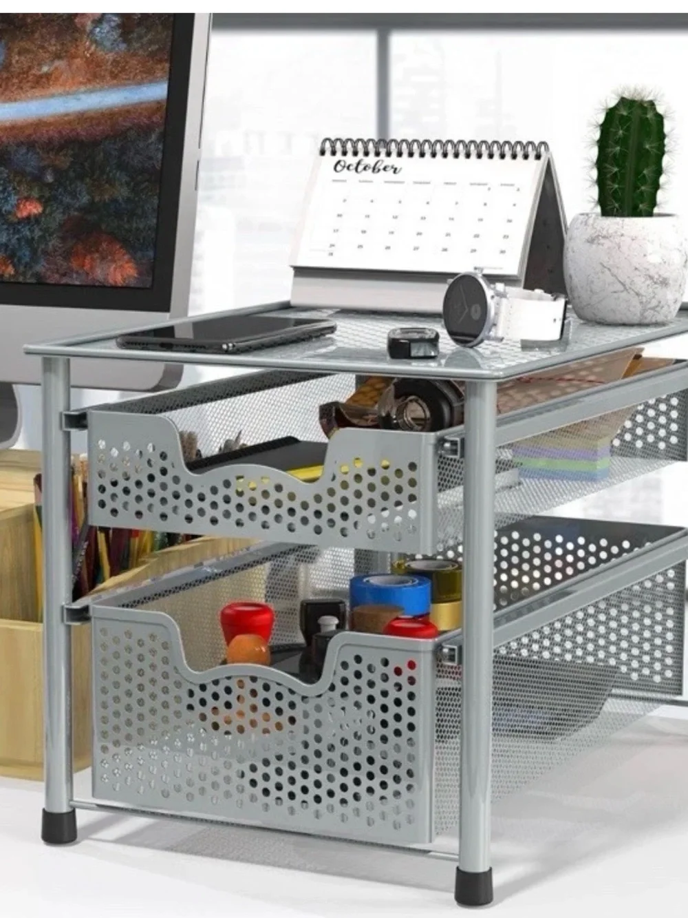 Simple Houseware Metal Mesh Desktop Organizer with 2 Sliding Drawers